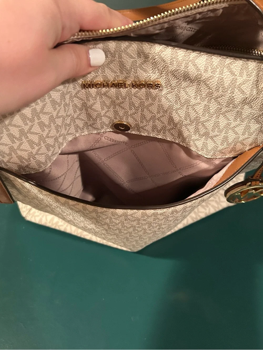 Michael Kors Cream Logo Tote with Tan Leather Trim